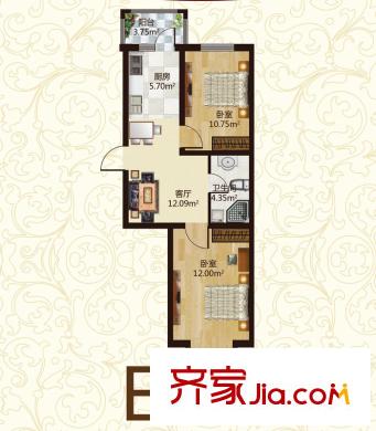 幸福里E戶型 2室2廳1衛(wèi)1廚