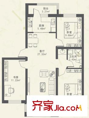 東都公元D1戶型 3室2廳1衛(wèi)1廚