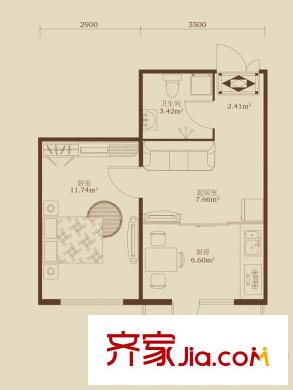 泰鑫國典B戶型 1室1廳1衛(wèi)1廚