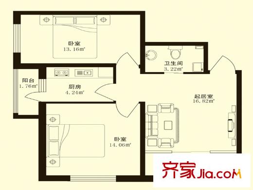 香悅藍天下B戶型 1室1廳1衛(wèi)1廚