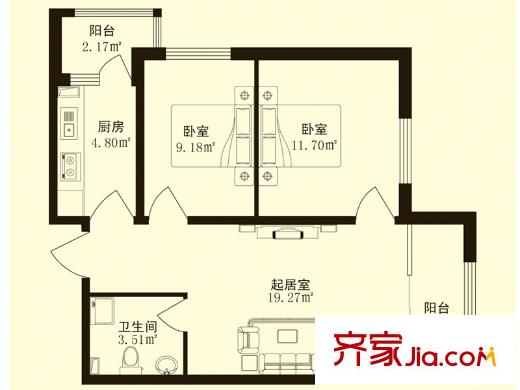 香悅藍天下A戶型 2室1廳1衛(wèi)1廚