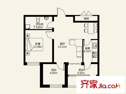 盟科涵舍1號(hào)樓C戶型 2室1廳1衛(wèi)1廚