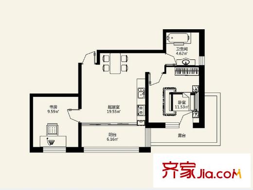 盟科涵舍4號(hào)樓B戶型 2室1廳1衛(wèi)1廚