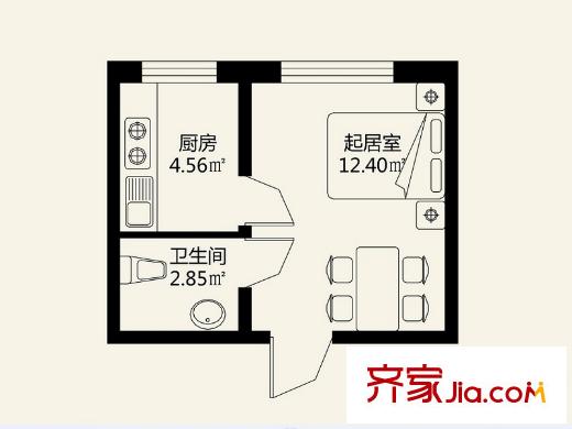 盟科涵舍1號(hào)樓A戶型 1室1廳1衛(wèi)1廚