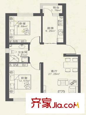 東都公元C戶型 2室1廳1衛(wèi)1廚