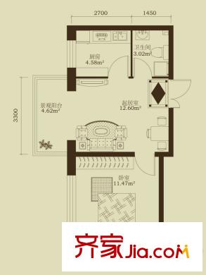 泰鑫國典C戶型 1室1廳1衛(wèi)1廚