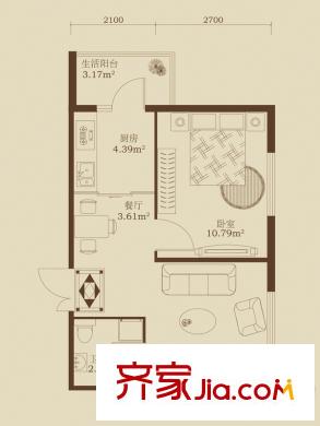 泰鑫國典F戶型 1室1廳1衛(wèi)1廚