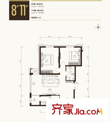 寶宇天邑瀾灣8#4單元3號105.34平/11#4單元3號戶型圖 2室2廳1衛(wèi)1廚