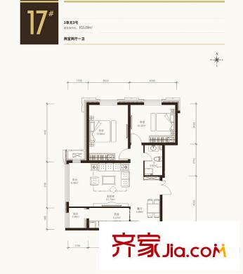 寶宇天邑瀾灣17#3單元3號103.09戶型圖 2室2廳1衛(wèi)1廚