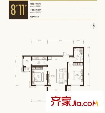 寶宇天邑瀾灣8#4單元2號99.59平/11#4單元99.50平戶型圖 2室2廳1衛(wèi)1廚