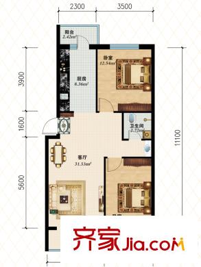 北華家園兩居戶型圖 2室1廳1衛(wèi)1廚