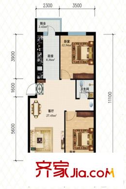北華家園建筑面積97.43平戶型圖 2室1廳1衛(wèi)1廚