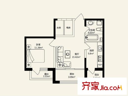 盟科涵舍6、7號(hào)樓B戶型 1室1廳1衛(wèi)1廚
