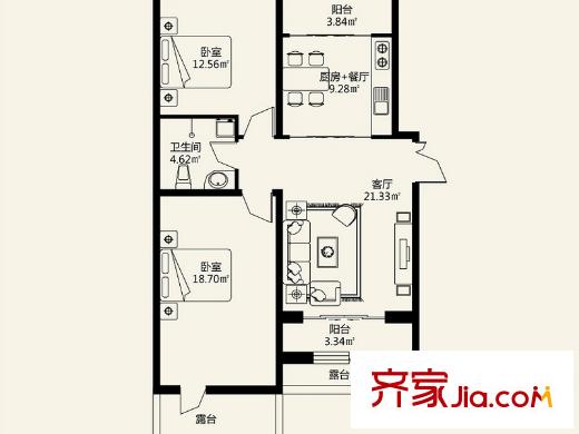 盟科涵舍1號(hào)樓B戶型 2室1廳1衛(wèi)1廚