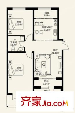 盟科涵舍1號(hào)樓B戶型 2室2廳1衛(wèi)1廚
