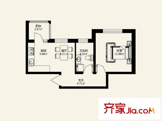 盟科涵舍4號(hào)樓C戶型 1室1廳1衛(wèi)1廚