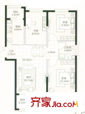 盟科萬城D戶型 3室1廳1衛(wèi)1廚