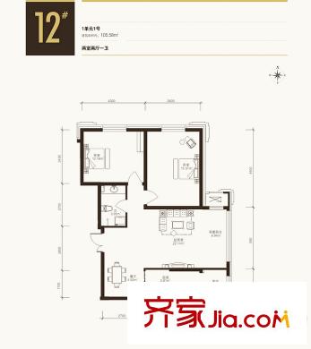 寶宇天邑瀾灣12#1單元1號戶型圖 2室2廳1衛(wèi)1廚