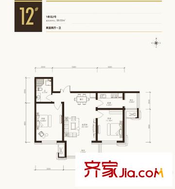 寶宇天邑瀾灣12#1單元2號99.50平米戶型圖 2室2廳1衛(wèi)1廚