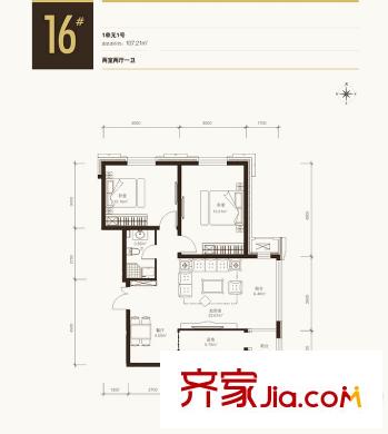 寶宇天邑瀾灣16#1單元1號107.21平戶型圖 2室2廳1衛(wèi)1廚