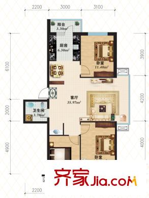 北華家園三居戶型圖 3室2廳1衛(wèi)1廚