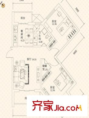 悅城G1-G2B戶型圖 2室1廳1衛(wèi)1廚