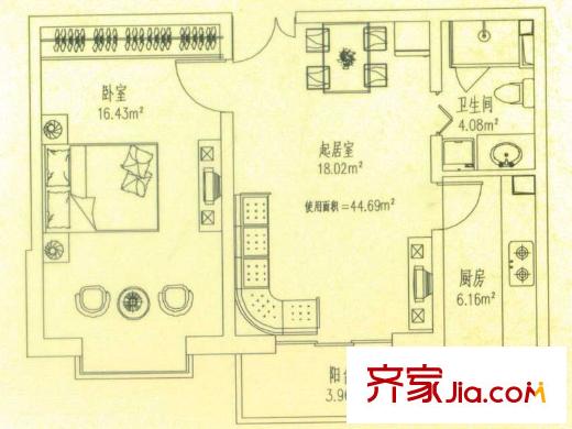 悅城D1戶型 1室1廳1衛(wèi)1廚