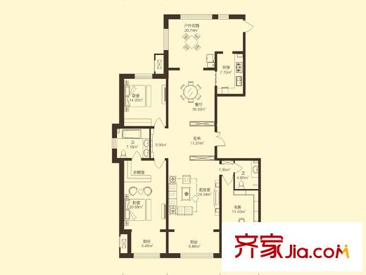 寶宇天峰3、4#一、三單元面積213-212.88平米戶型 3室2廳2衛(wèi)1廚