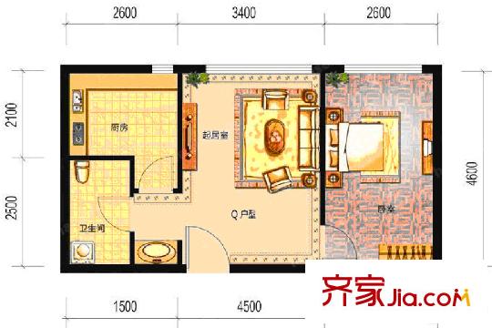 郁金臺(tái)5號(hào)樓Q戶型 1室1廳1衛(wèi)1廚