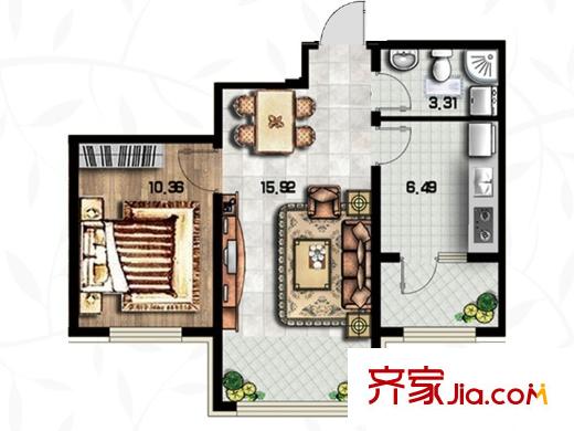 綠色新城二期嘉苑通用C戶型圖 1室1廳1衛(wèi)1廚