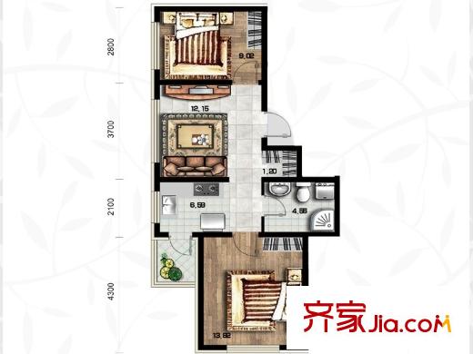 綠色新城二期嘉苑通用K戶型圖 2室1廳1衛(wèi)1廚