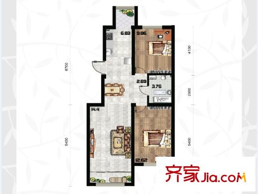 綠色新城二期嘉苑通用J戶型圖 2室1廳1廚