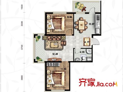 綠色新城二期嘉苑通用D戶型圖 2室1廳1衛(wèi)1廚