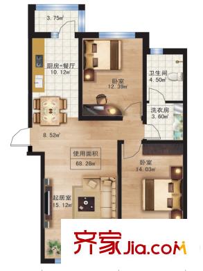 楓藍國際10.11號樓D戶型 2室1廳1衛(wèi)1廚