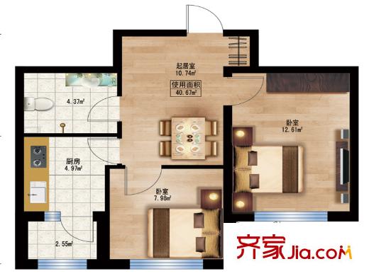 楓藍國際9號樓戶型 2室1廳1衛(wèi)1廚
