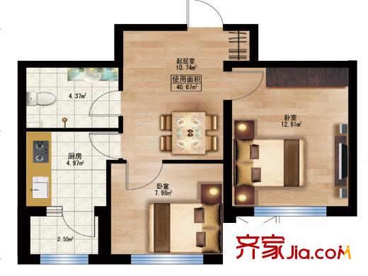 楓藍國際10.11號樓A戶型 2室1廳1衛(wèi)1廚