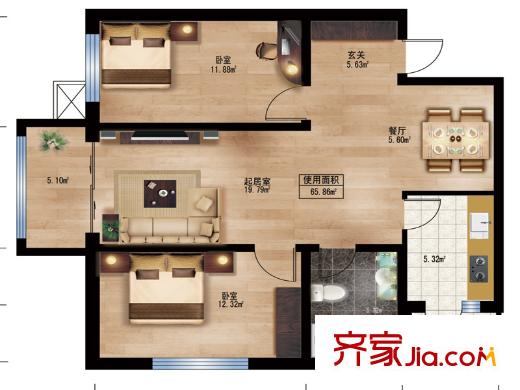 楓藍國際12號樓B戶型 2室1廳1衛(wèi)1廚