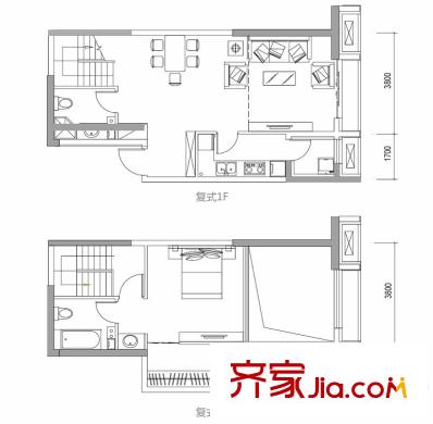 萬象上東C棟復式J1戶型 1室2廳2衛(wèi)1廚
