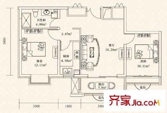 悅城G6號(hào)樓戶型圖A 2室1廳1衛(wèi)1廚