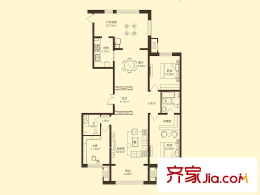寶宇天峰3、4#二單元建筑面積201.67-201.63平米戶型 3室2廳2衛(wèi)1廚