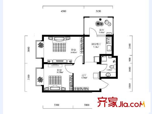 恒祥中山6號(hào)樓01戶型圖 2室1廳1衛(wèi)1廚