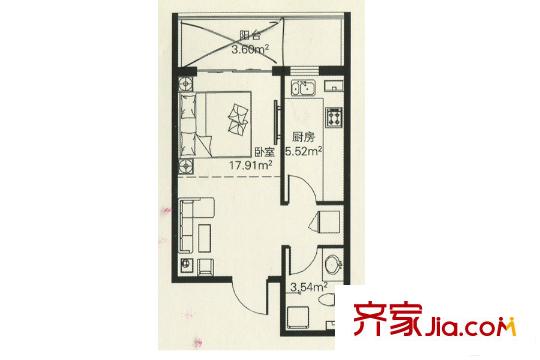 湘江悅高層戶型 1室1廳1衛(wèi)1廚