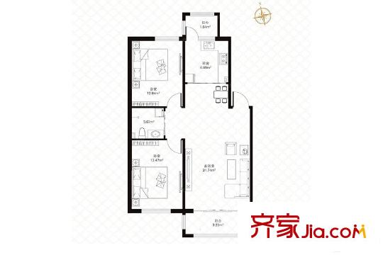 湘江悅多層T戶型 2室2廳1衛(wèi)1廚
