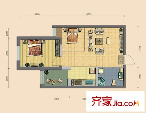 領(lǐng)域佳境二期B戶(hù)型圖 1室1廳1衛(wèi)1廚