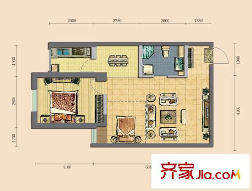 領(lǐng)域佳境二期C戶(hù)型圖 1室1廳1衛(wèi)1廚