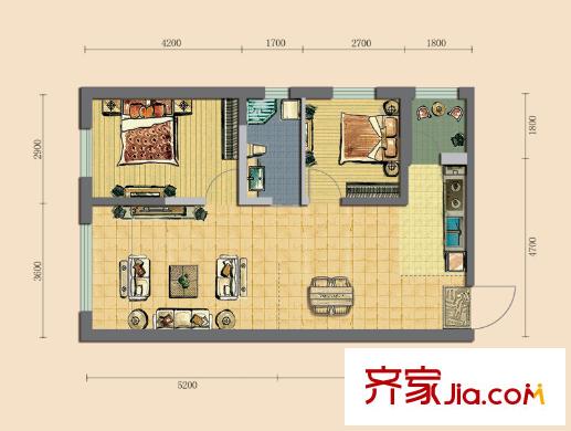 領(lǐng)域佳境二期F戶(hù)型圖 2室2廳1衛(wèi)1廚
