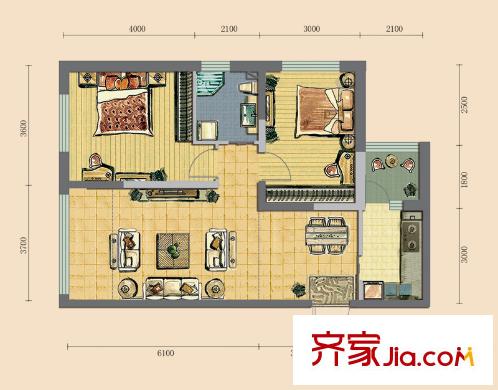 領(lǐng)域佳境二期G戶(hù)型圖 2室2廳1衛(wèi)1廚