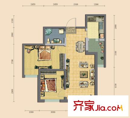 領(lǐng)域佳境二期J戶(hù)型圖 2室2廳1衛(wèi)1廚