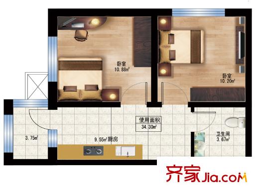 楓藍國際9號樓戶型 2室1廳1衛(wèi)1廚