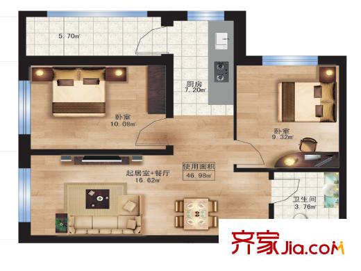 楓藍國際10.11號樓B戶型 2室1廳1衛(wèi)1廚